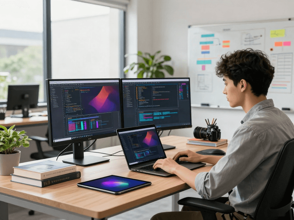Pikashow user navigating software in a vibrant tech workspace.