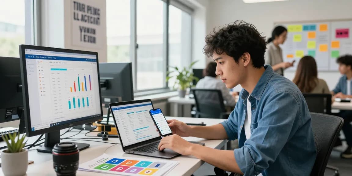 Buy app install strategy session in modern office showcasing app performance metrics.