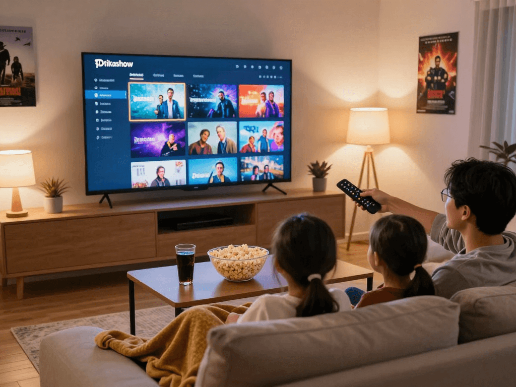 Pikashow streaming app showcased during a family movie night, revealing vibrant interface and cozy atmosphere.