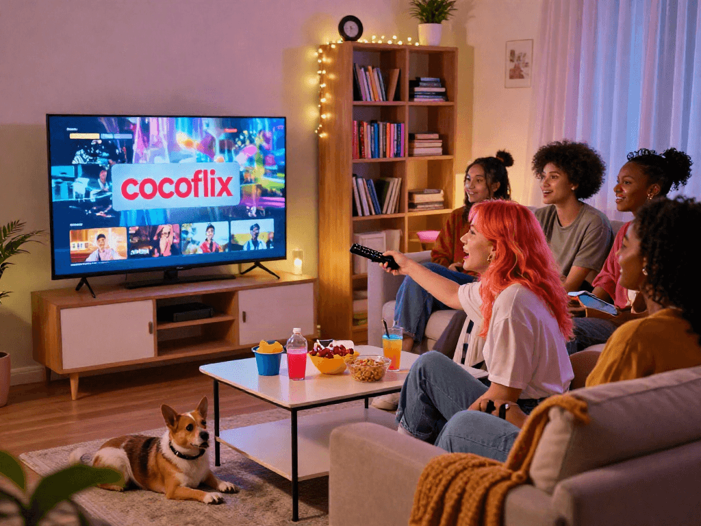 Friends enjoying a cocoflix movie night in a cozy living room with snacks and a joyful atmosphere.