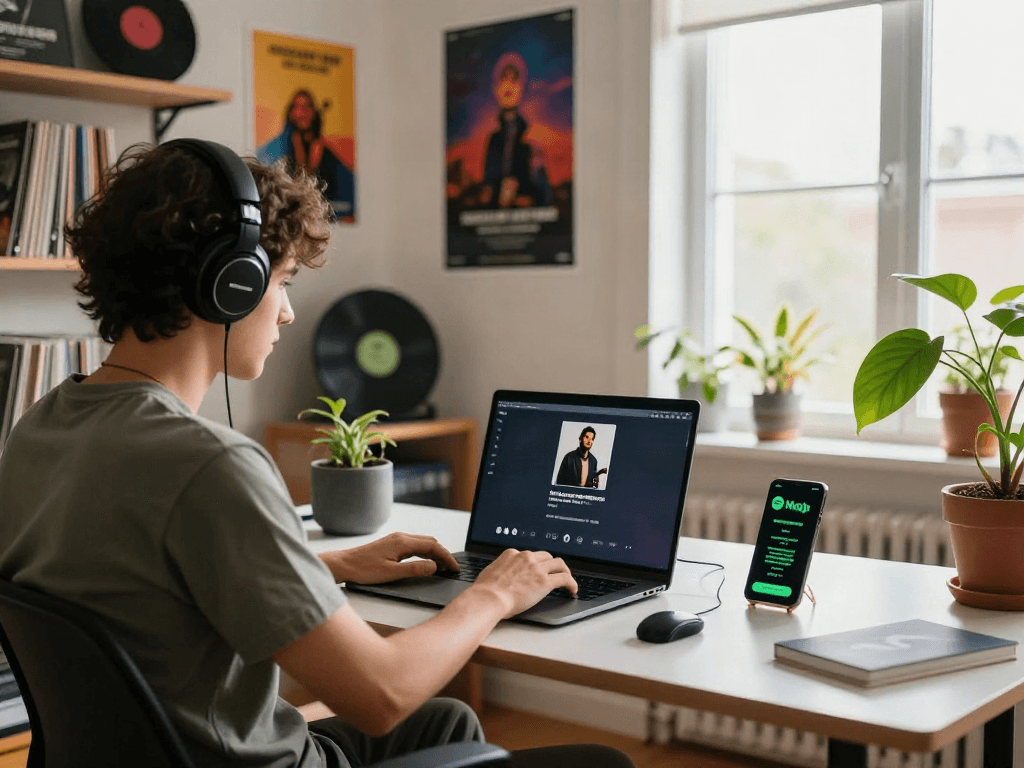 Downloading music with Spotify Mod app in a stylish home office setup