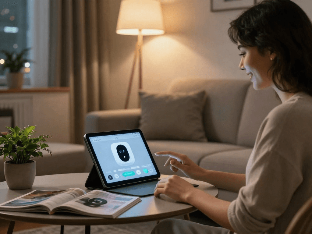 Person interacting with a sex bot on a tablet in a cozy home environment, showcasing modern tech.