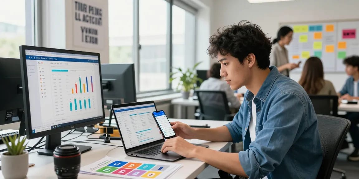 Buy app install strategy session in modern office showcasing app performance metrics.