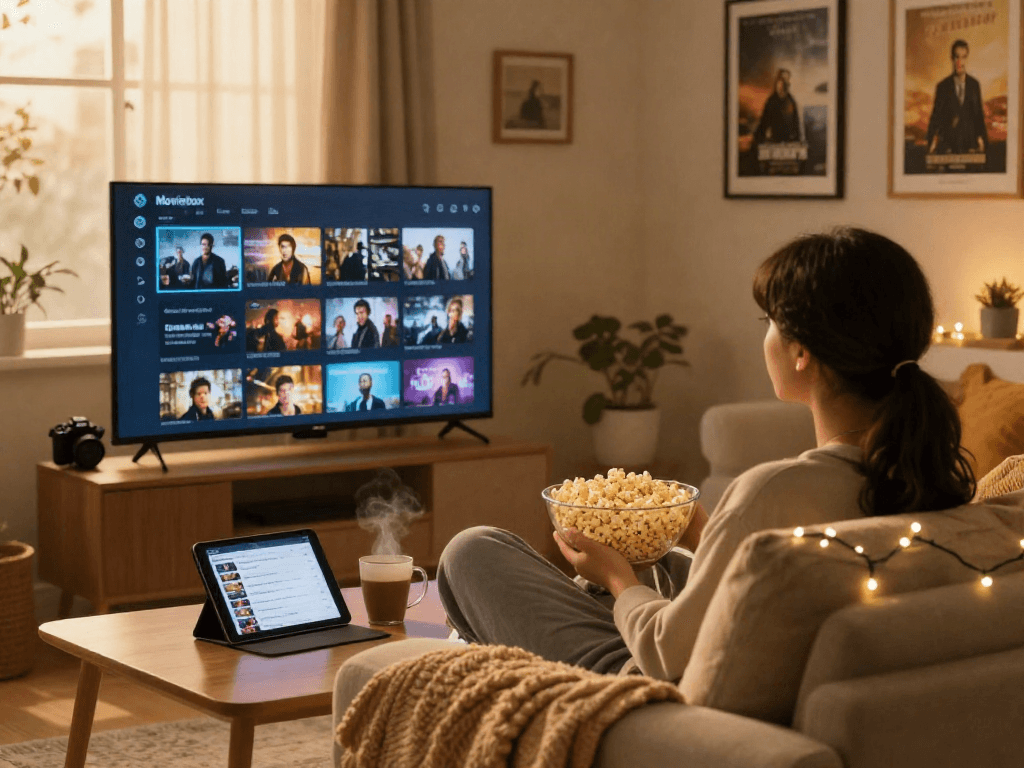 Enjoy a cozy movie night with Moviebox streaming on a smart TV.