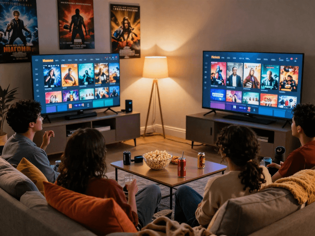 Friends enjoying movie night at home with Moviebox streaming, cozy atmosphere