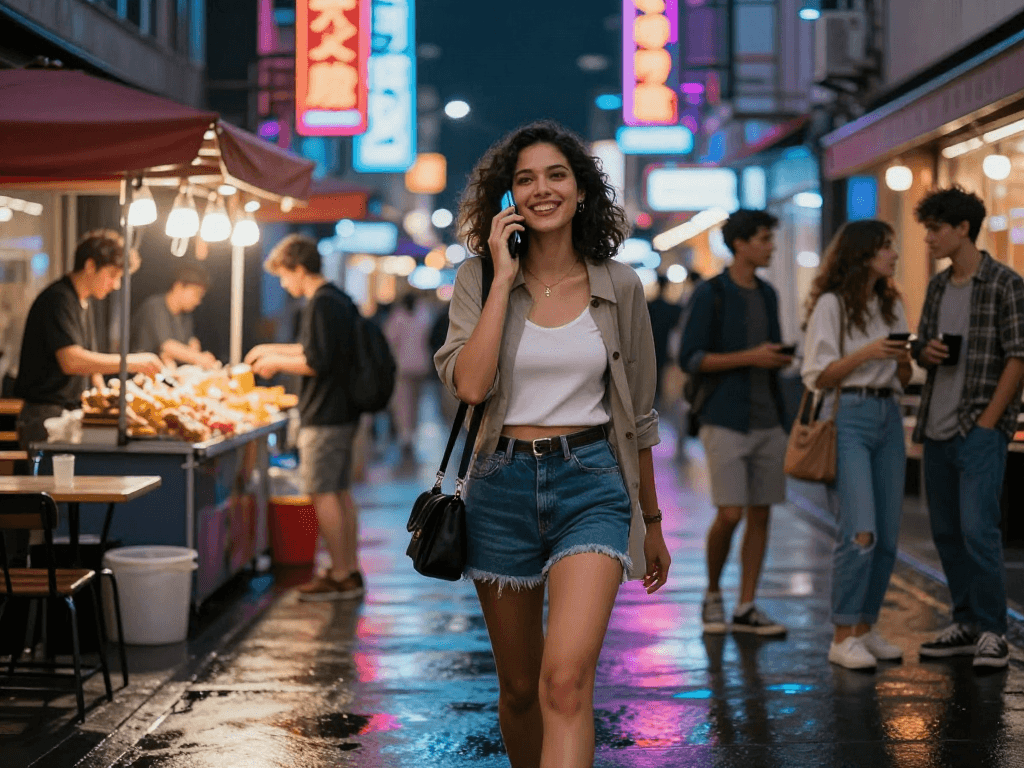Gái gọi đang tỏa sáng giữa cuộc sống thành phố về đêm, tạo nên không khí năng động.