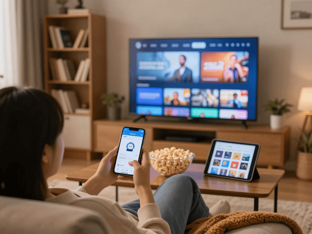 Pikashow APK displayed on a smartphone in a relaxed living room setting, showcasing modern media consumption.