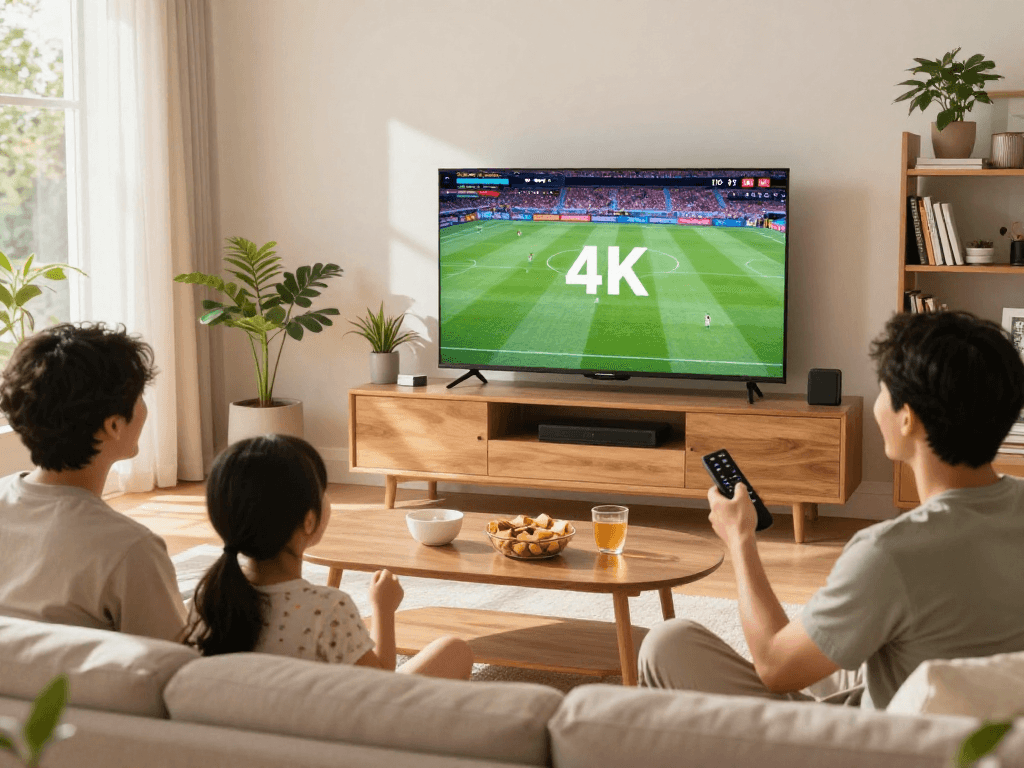 Gezellige woonkamer met gezin dat IPTV-abonnementen geniet tijdens het kijken naar sport in 4K-kwaliteit.