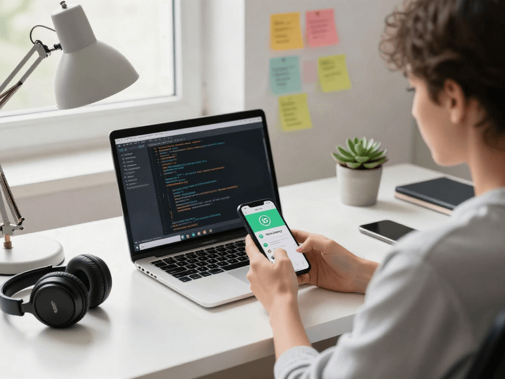 User engaging with GB WhatsApp on smartphone in a modern workspace, featuring laptop and bright decor.