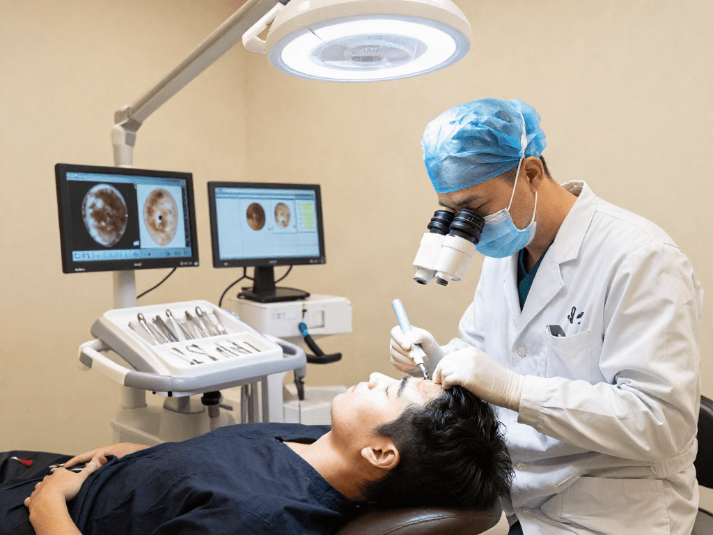 Hair transplant turkey price consultation in a professional clinic with surgeon and patient in a bright, sterile environment.