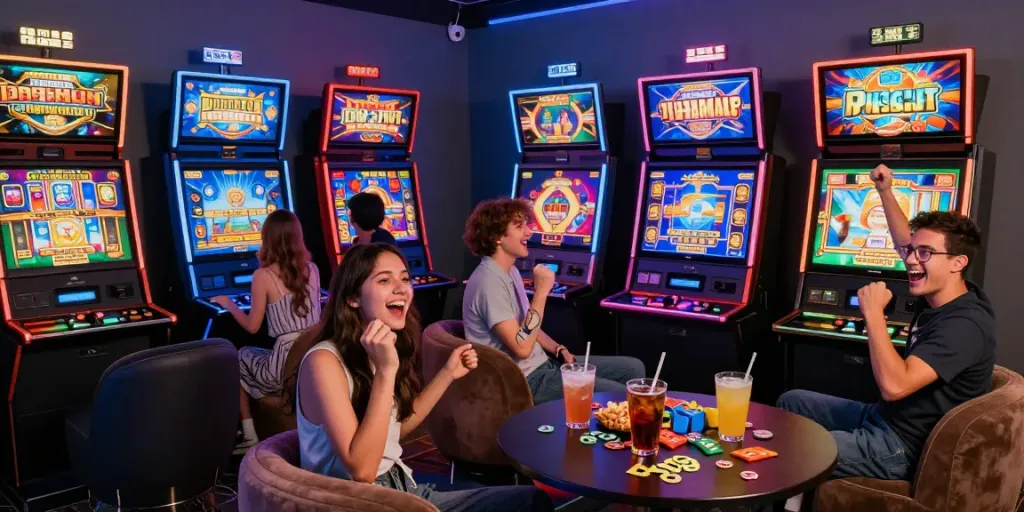 Pengalaman bermain slot777 yang seru di lounge modern dengan teman-teman.
