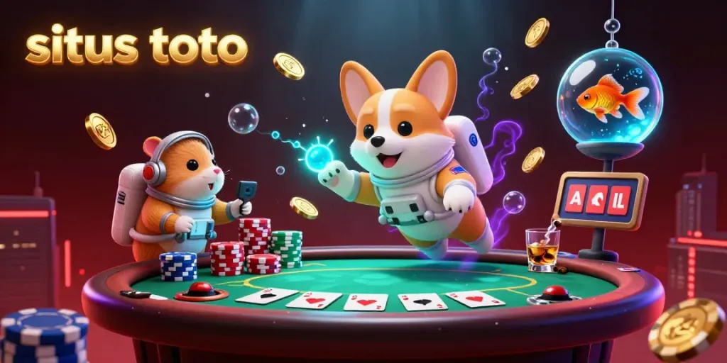 Engage in situs toto with a vibrant 3D illustration of a floating space casino scene featuring animated characters and casino elements.