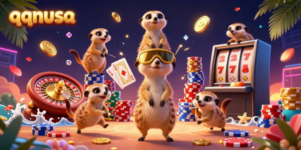 Experience the thrill of qqnusa as cartoon meerkats manage an exciting casino scene with vibrant game elements.