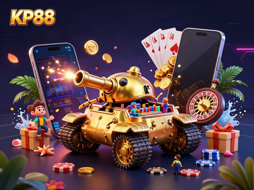 Experience exhilarating gameplay at KP88 with a vibrant illustration of a unique golden beetle tank casino.