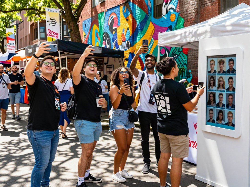 People enjoying an outdoor event comparing looks like a celebrity with fun selfies amidst a festive urban backdrop.