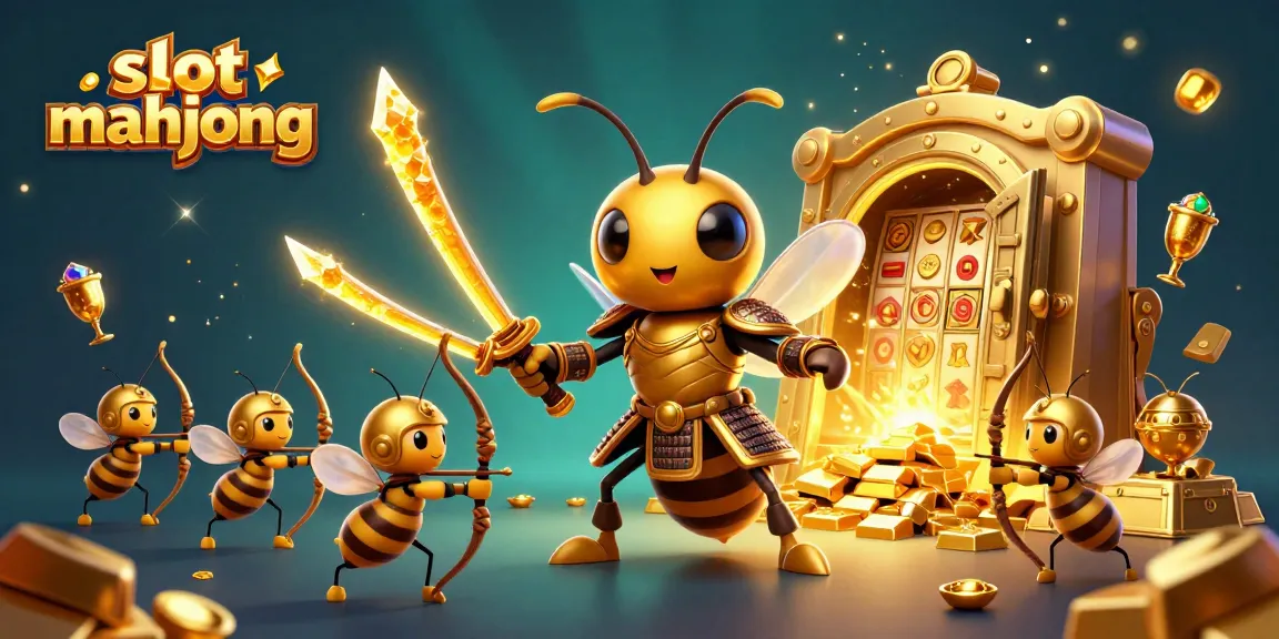 Engage in slot mahjong with a dynamic scene featuring a golden hornet and treasure.