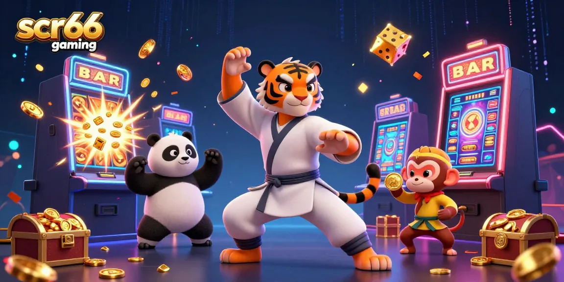 Experience the thrill of scr66 gaming with a vibrant 3D illustration showcasing slot machines, characters, and casino elements.