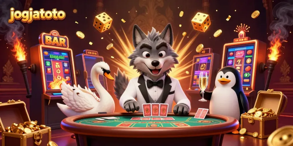 Engage with jogjatoto through a vibrant 3D illustration of a wolf, swan, and penguin in a lavish casino scene.