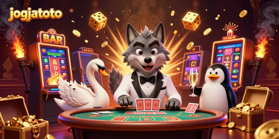 Engage with jogjatoto through a vibrant 3D illustration of a wolf, swan, and penguin in a lavish casino scene.
