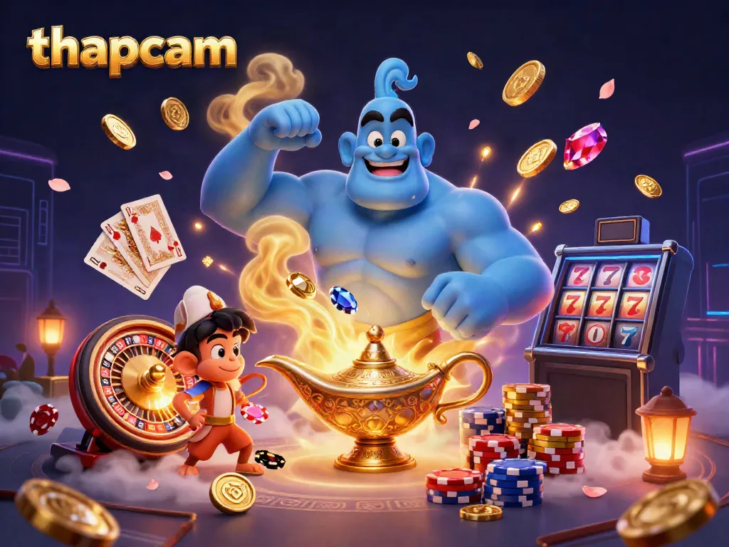 Experience the thrilling magic of thapcam with a vibrant scene featuring a genie, monkey, and casino elements.