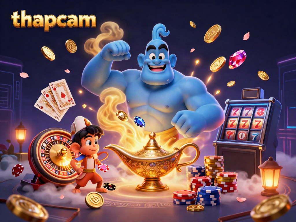 Experience the thrilling magic of thapcam with a vibrant scene featuring a genie, monkey, and casino elements.