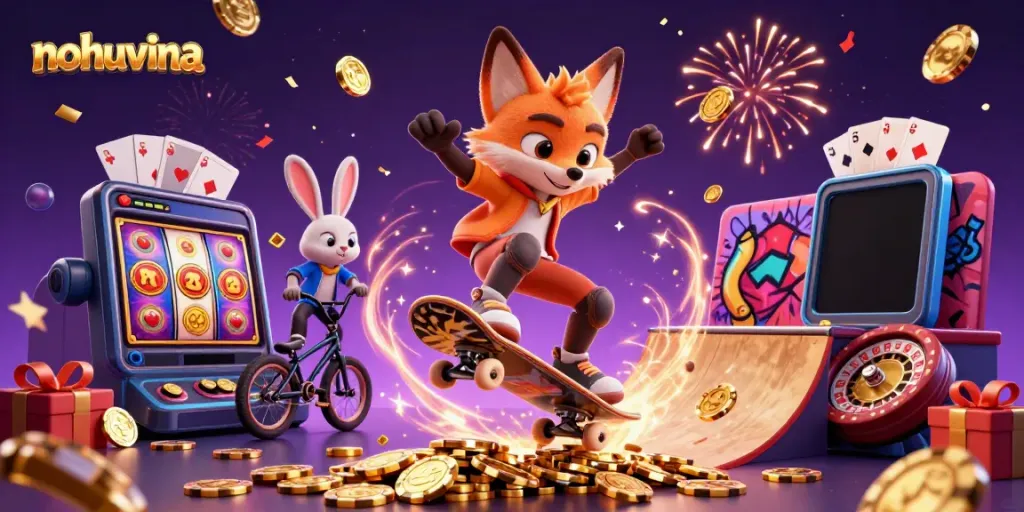 Nohuvina engages players with an energetic scene of a fox and rabbit amidst casino thrills and vibrant slot games