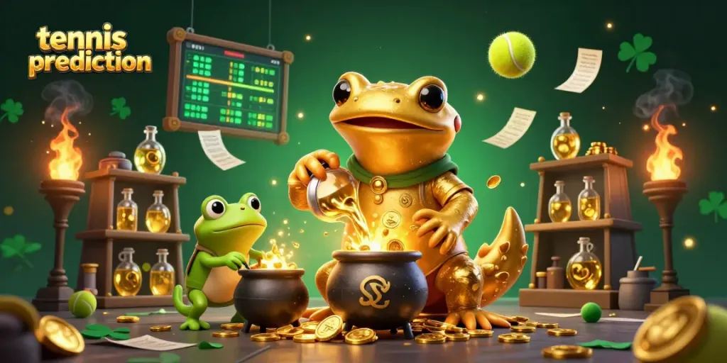 Tennis prediction scene with a giant salamander and frog alchemist invoking winning strategies in a vibrant digital art.