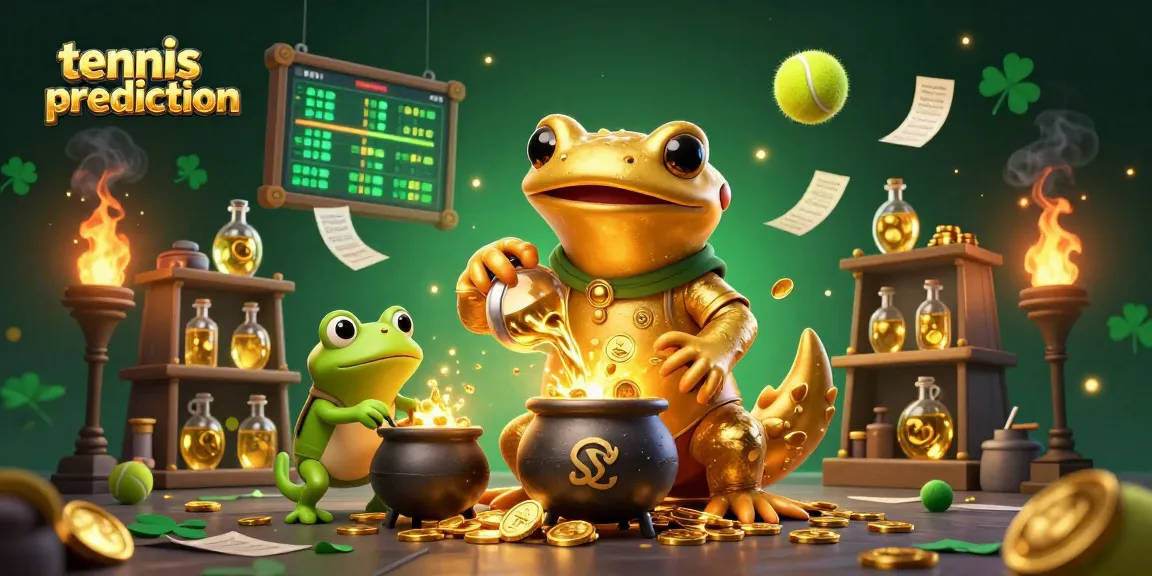 Tennis prediction scene with a giant salamander and frog alchemist invoking winning strategies in a vibrant digital art.
