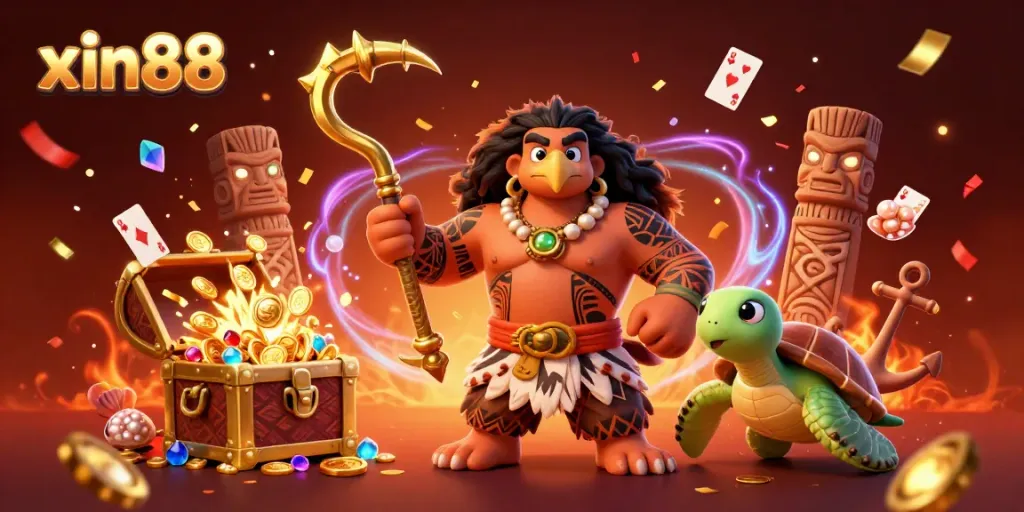Experience thrilling gameplay at xin88, where a majestic Maori demigod and turtle celebrate amidst vibrant casino symbols.