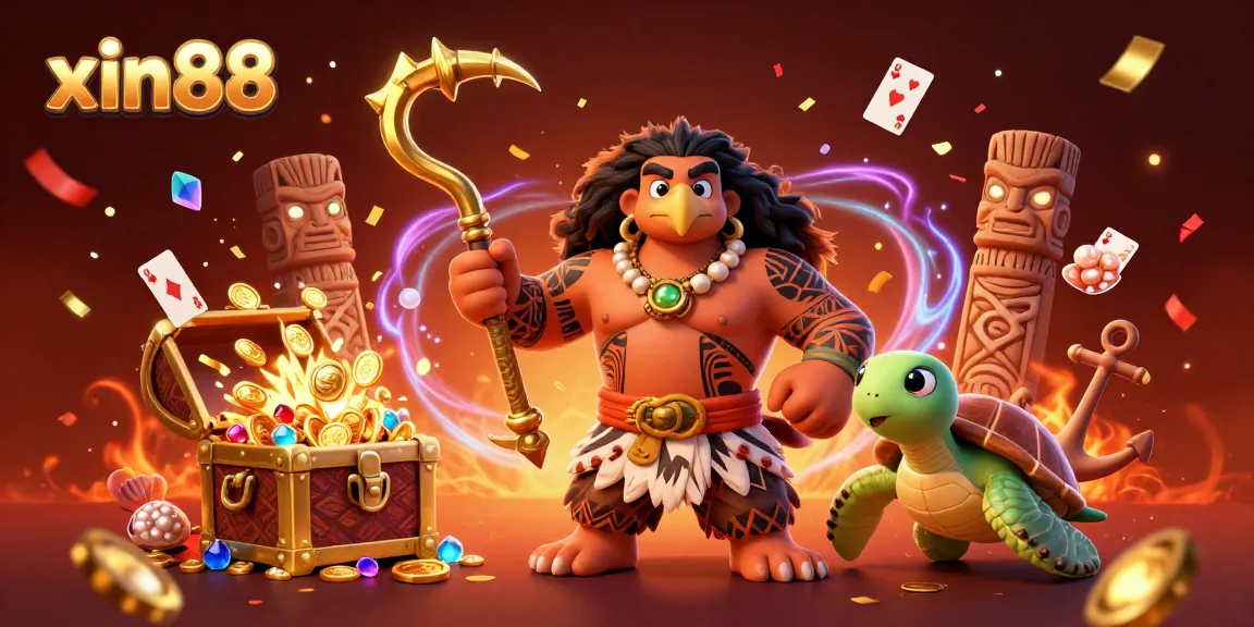 Experience thrilling gameplay at xin88, where a majestic Maori demigod and turtle celebrate amidst vibrant casino symbols.