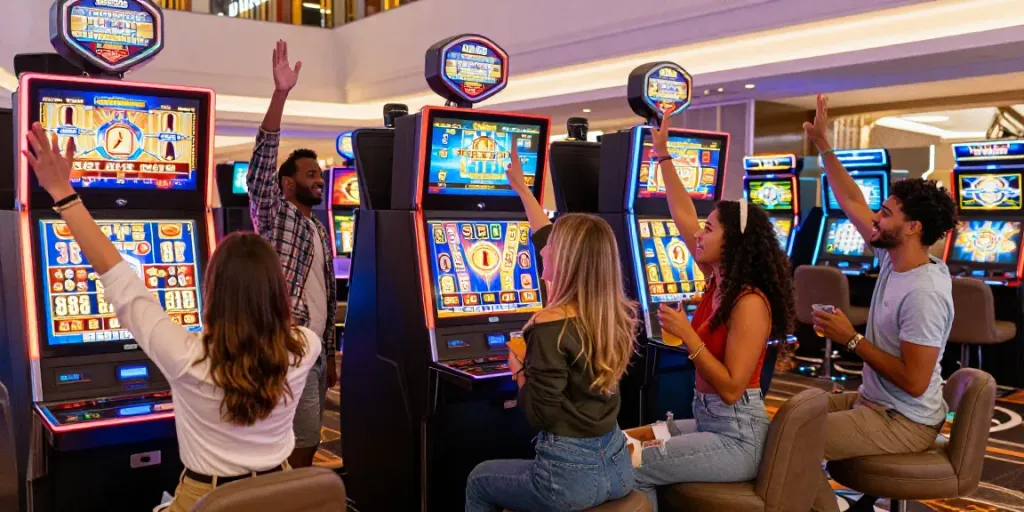 Celebrating friends enjoying an exciting slot game experience in a vibrant casino.