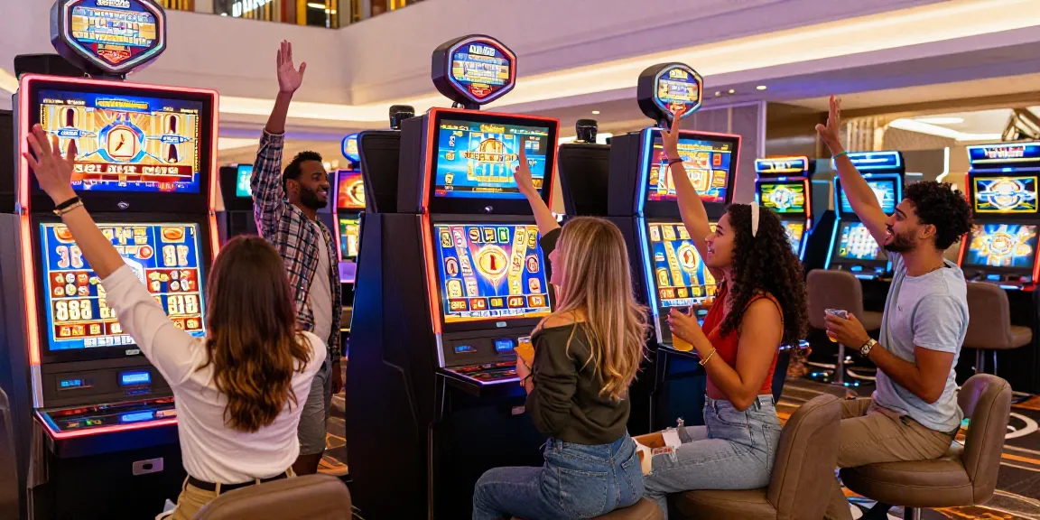 Celebrating friends enjoying an exciting slot game experience in a vibrant casino.