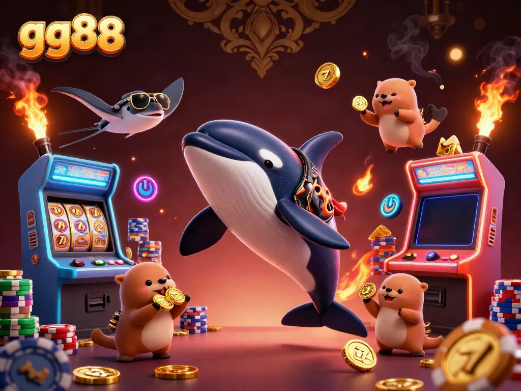 Engage with gg88 in a dynamic casino scene featuring an orca, stingray, and sea otters amidst colorful gaming elements.