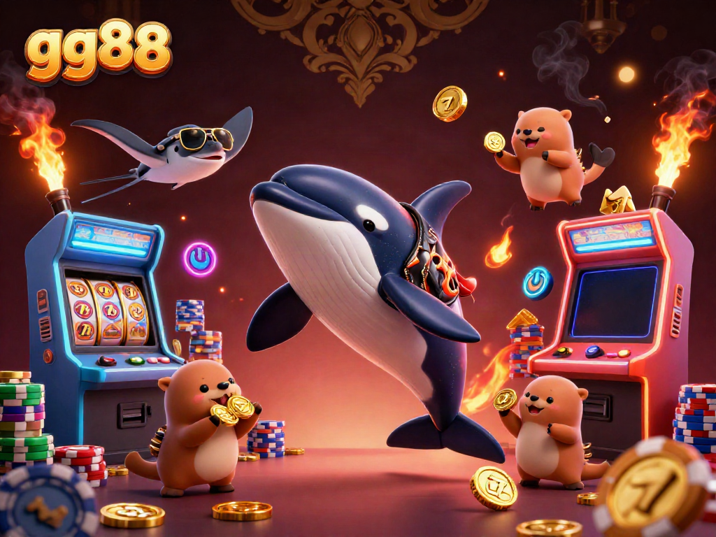 Engage with gg88 in a dynamic casino scene featuring an orca, stingray, and sea otters amidst colorful gaming elements.