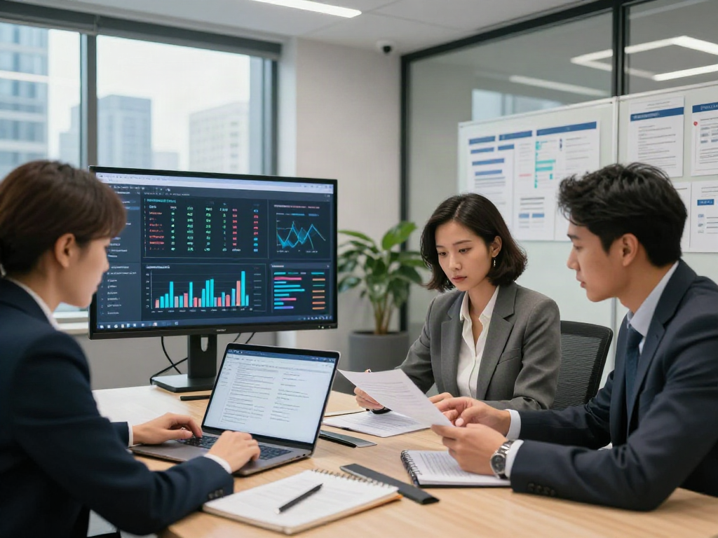Team reviewing document fraud detection software in a modern office.