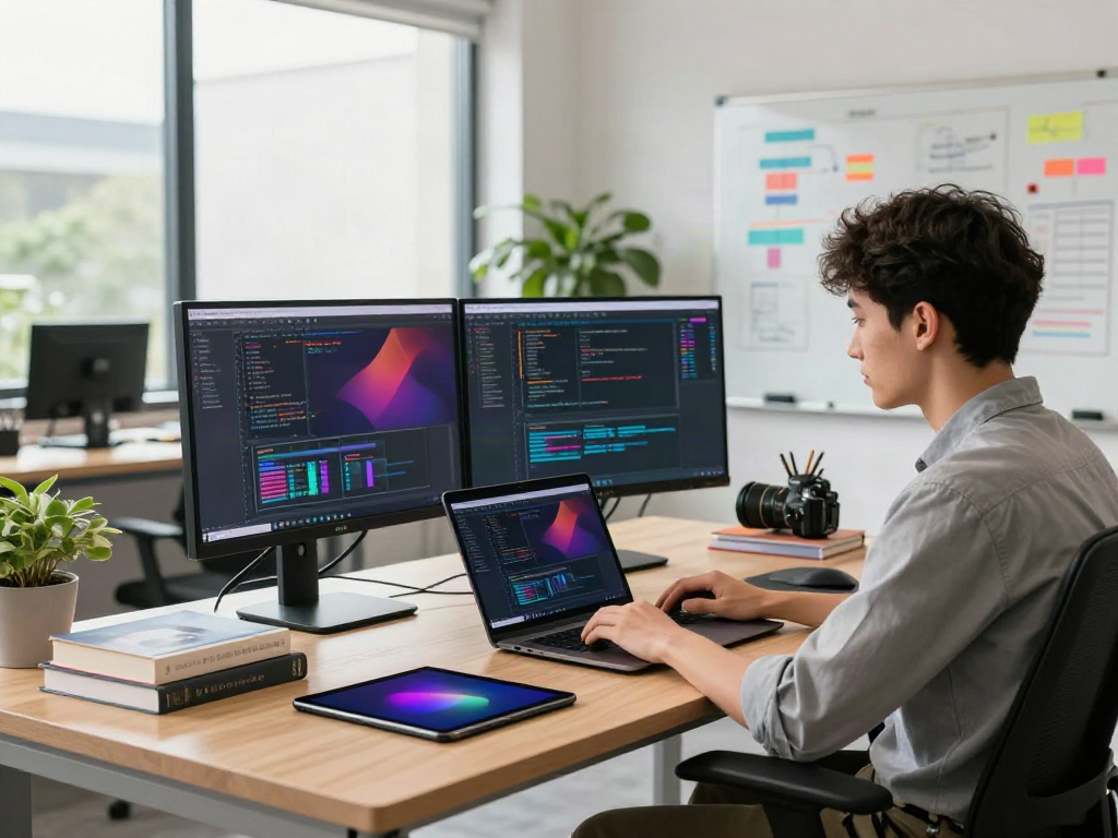 Pikashow user navigating software in a vibrant tech workspace.