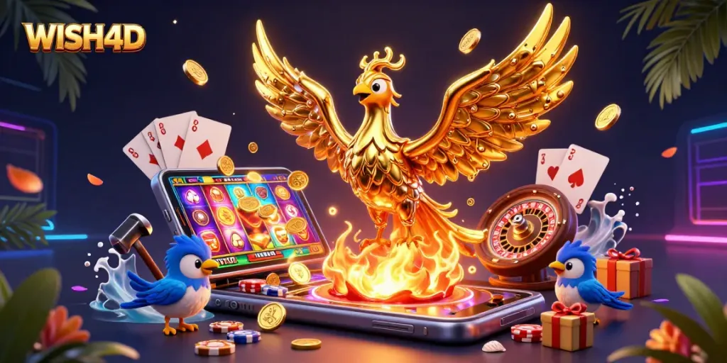 Engage with WISH4D's vibrant slot games and dynamic golden phoenix in a 3D casino scene.