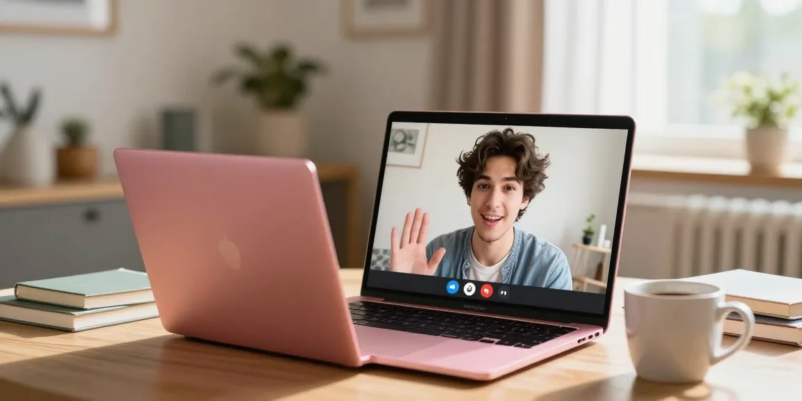 Engaging in a pink video chat, a young person connects face-to-face in a cozy home setting.