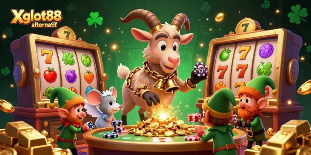 Ilustrasi 3D brilian dari Xgslot88 alternatif dengan karakter casino yang menarik dan elemen slot yang kaya.