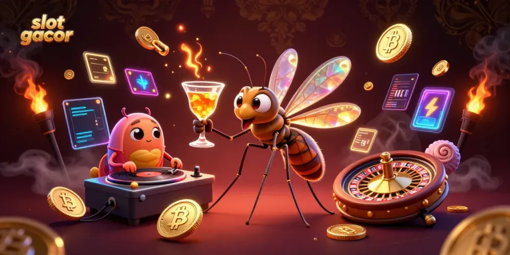 Engage with slot gacor in a vibrant 3D casino scene featuring lively characters and dynamic gaming elements.