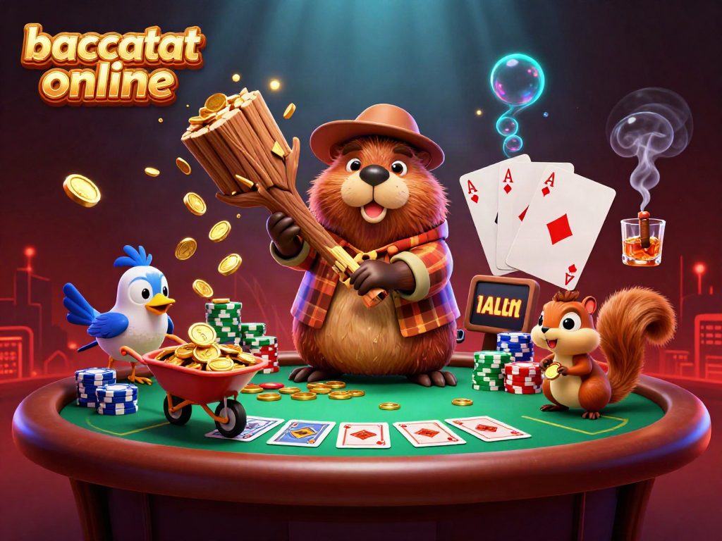 Experience baccarat online with an energetic scene featuring a beaver and a whimsical bird amid poker elements.