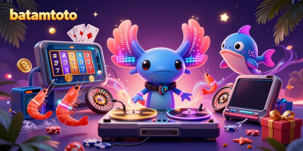 Experience thrilling gaming with batamtoto, featuring vibrant axolotl DJ and dynamic casino elements.