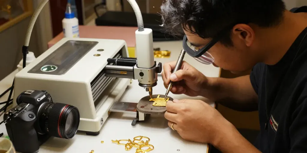 Proses pemotongan laser pada emas berkualitas di workshop EMAS88 yang inovatif.