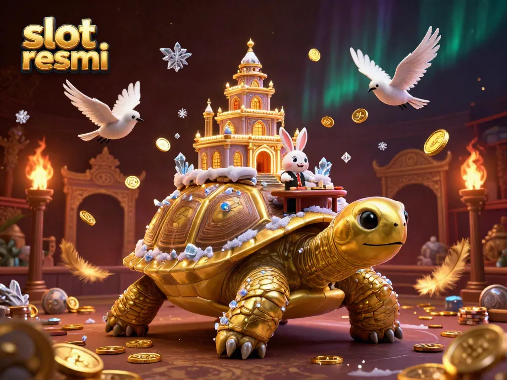 Experience the excitement of slot resmi with vibrant golden coins, a tortoise casino, and a rabbit dealer.