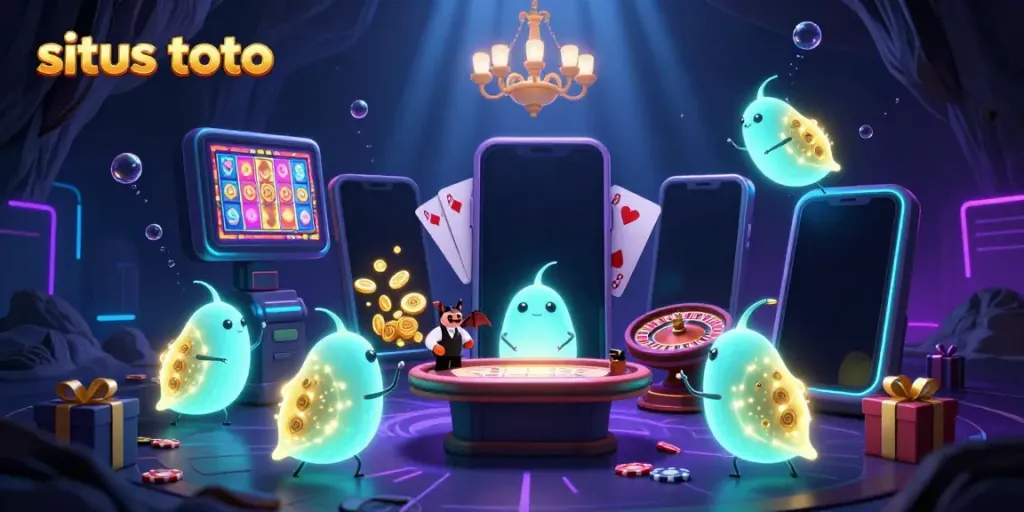 Experience the vibrant scene at situs toto featuring a glowworm casino illuminating a dynamic gaming table with excitement.