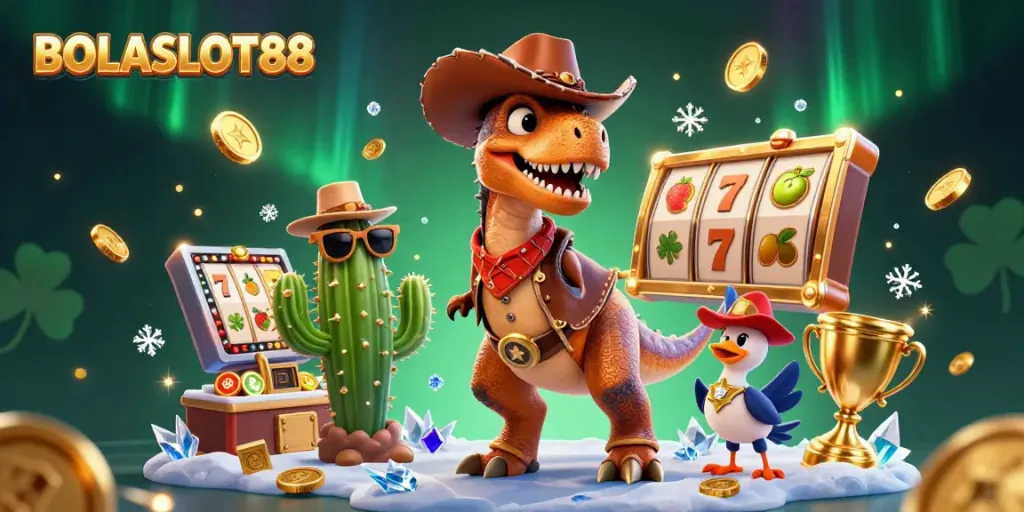 BOLASLOT88 showcases a vibrant 3D scene with a dinosaur cowboy, cactus sidekick, and roadrunner against an engaging gaming backdrop.