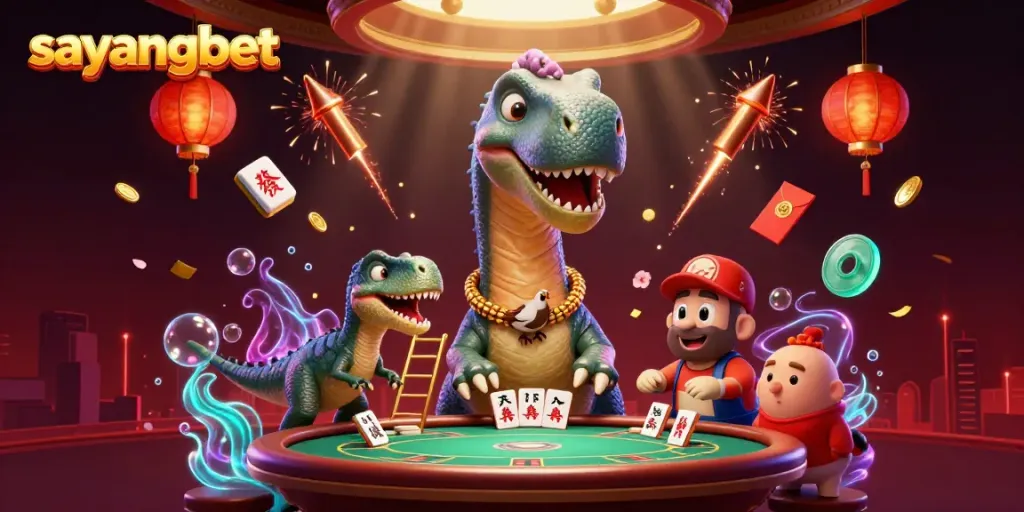 Experience the excitement of sayangbet in this vibrant 3D casino scene with cartoon dinosaurs and game elements.