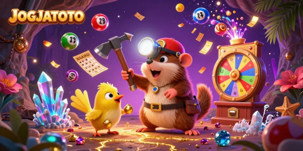 Experience the thrill of JOGJATOTO with a vibrant treasure hunting scene filled with lottery elements.