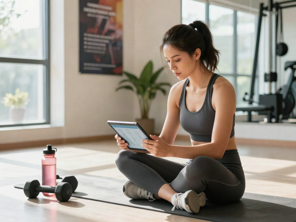 Exploring how much do peptides cost through a digital tablet in a vibrant fitness studio setting.