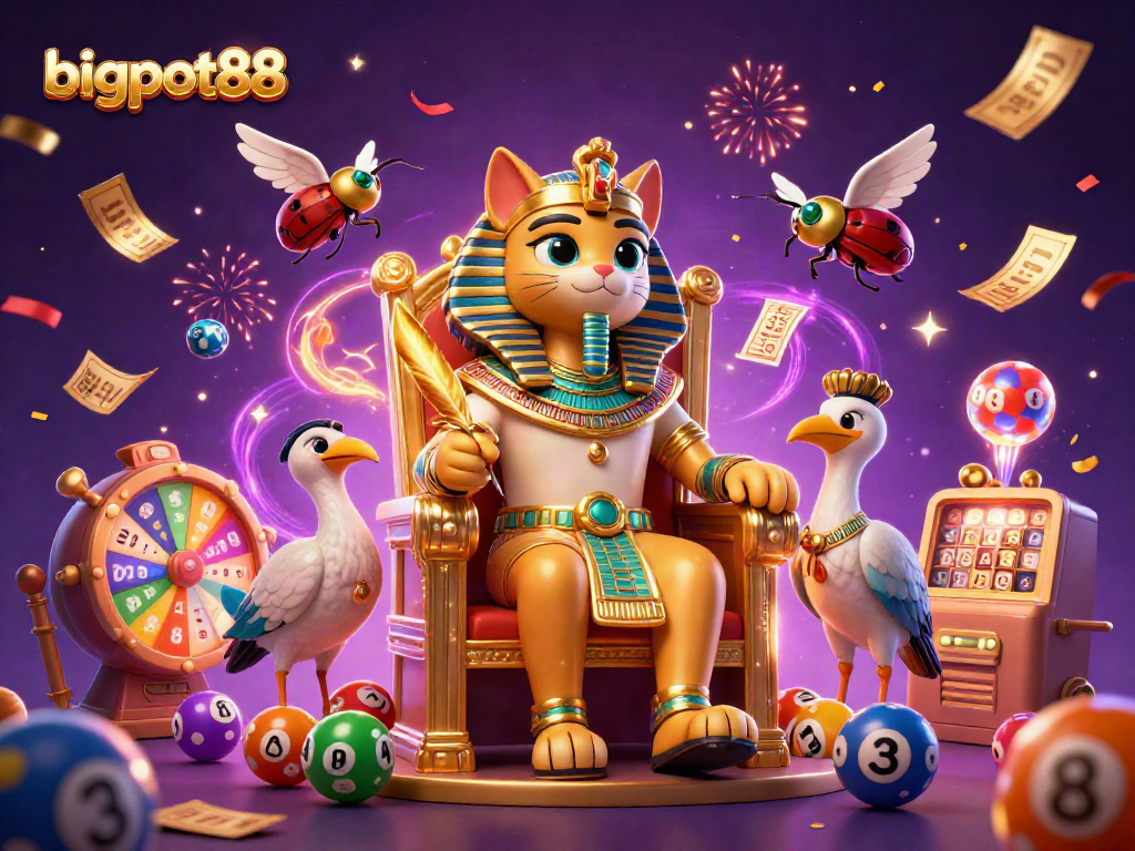bigpot88 memainkan permainan lotere dengan kucing firaun 3D yang berkilau, gemuruh bola lotre berwarna-warni.